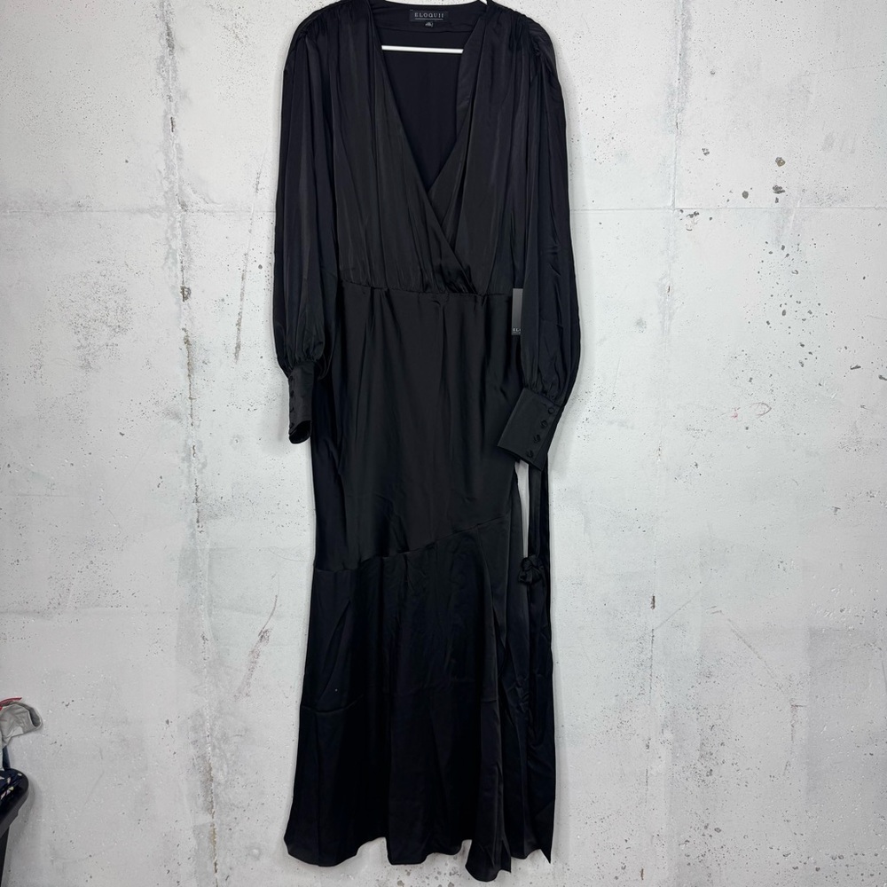 NWT Eloquii Satin Long Sleeve Suprice Bodice Dress Self Waist Tie Shoulder Pads